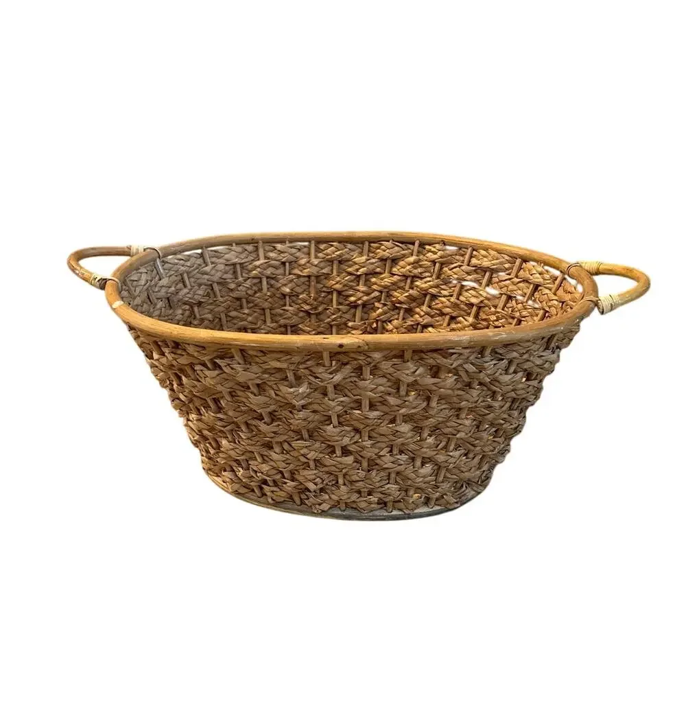 Vintage Philippine Handwoven Wicker Basket Oval Storage Bin 26” Rattan Handles